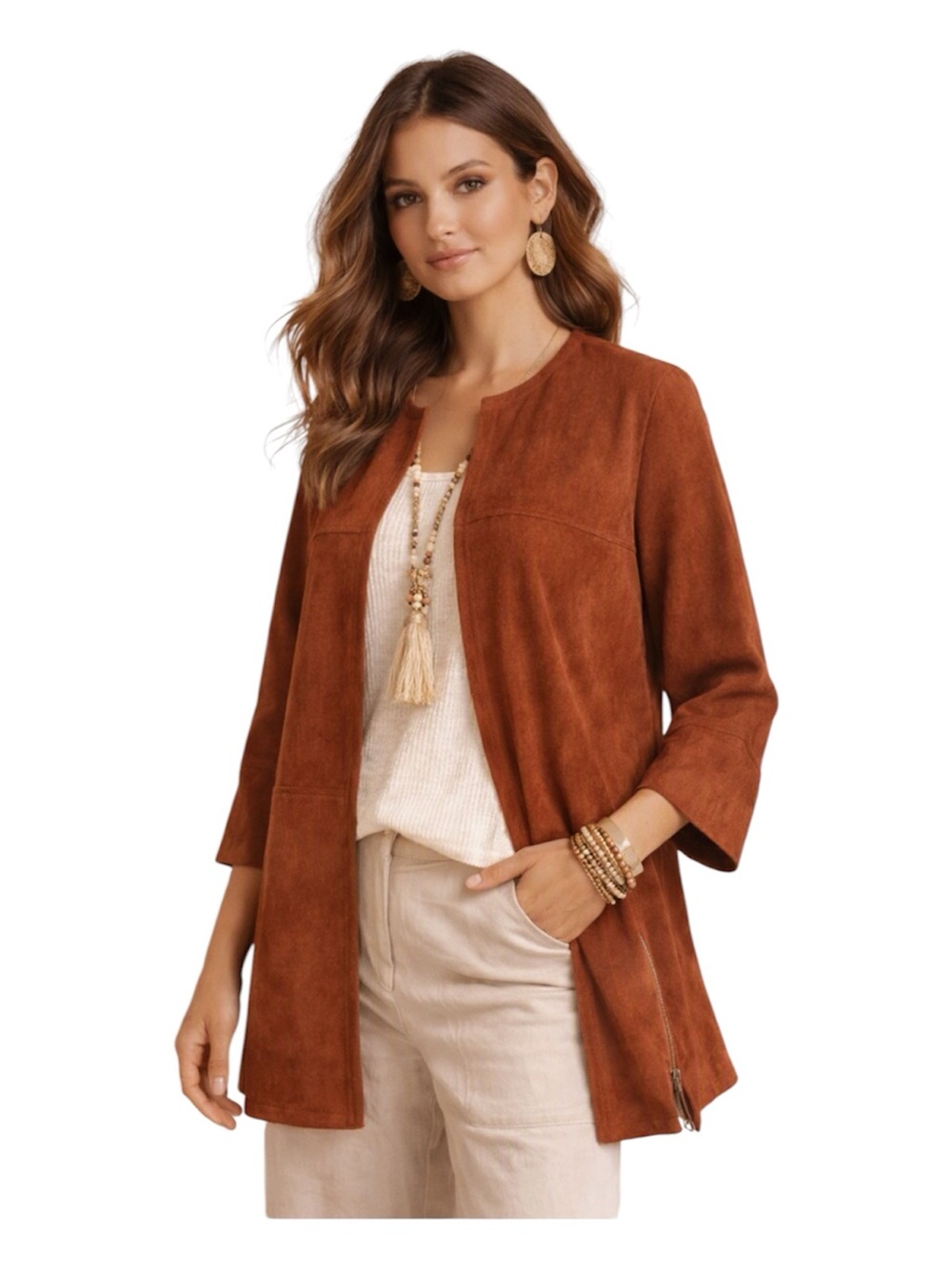 Chico’s Faux Suede Rust Jacket Open Front Collarless 3/4 Sleeve Sz 1 (Med)